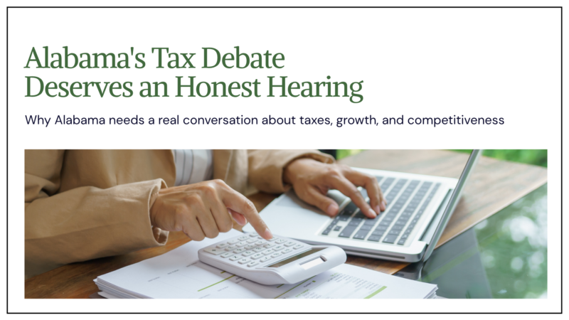 Alabama's Tax Debate Deserves an Honest Hearing. Person using a calculator and laptop with financial documents.